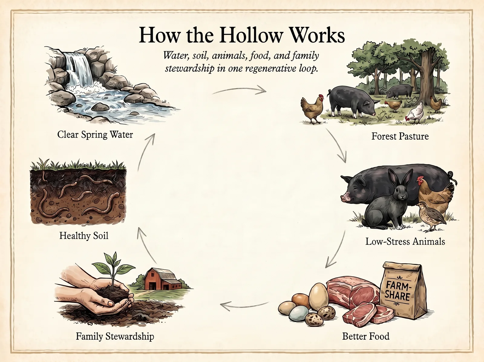 Illustrated infographic showing how spring water, healthy soil, forest pasture, low-stress animals, better food, and family stewardship connect at Swift Spring Hollow